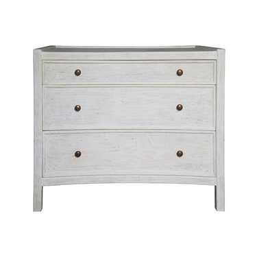 A beige wooden nightstand with three drawers and metal knobs, presented against a white background.